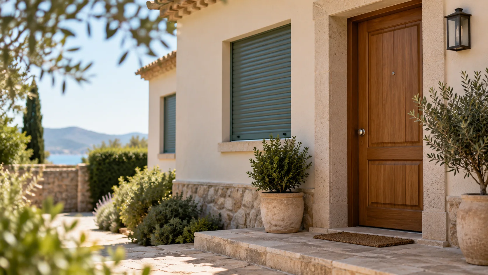 Puerta cerrada de una segunda residencia con las persianas bajadas, en una vivienda mediterránea preparada para permanecer vacía